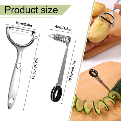2pcs Vegetable Spiral Cutters & 1pcs V-Shaped Veggies Peeler Spiralizer Tool, Stainless Steel Manual Spiral Practical Kitchen Knife Set Accessories for Cucumber Potato Carrot Fruits (Silver)
