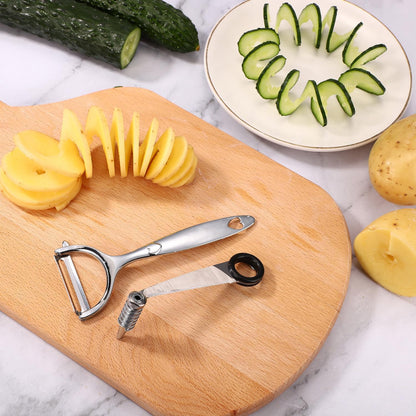 2pcs Vegetable Spiral Cutters & 1pcs V-Shaped Veggies Peeler Spiralizer Tool, Stainless Steel Manual Spiral Practical Kitchen Knife Set Accessories for Cucumber Potato Carrot Fruits (Silver)