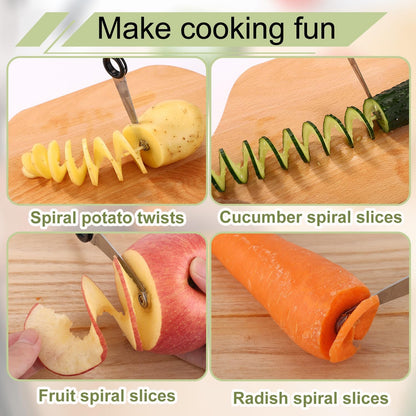 2pcs Vegetable Spiral Cutters & 1pcs V-Shaped Veggies Peeler Spiralizer Tool, Stainless Steel Manual Spiral Practical Kitchen Knife Set Accessories for Cucumber Potato Carrot Fruits (Silver)