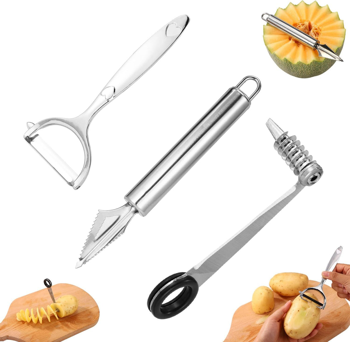 2pcs Vegetable Spiral Cutters & 1pcs V-Shaped Veggies Peeler Spiralizer Tool, Stainless Steel Manual Spiral Practical Kitchen Knife Set Accessories for Cucumber Potato Carrot Fruits (Silver)