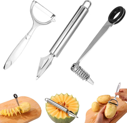 2pcs Vegetable Spiral Cutters & 1pcs V-Shaped Veggies Peeler Spiralizer Tool, Stainless Steel Manual Spiral Practical Kitchen Knife Set Accessories for Cucumber Potato Carrot Fruits (Silver)