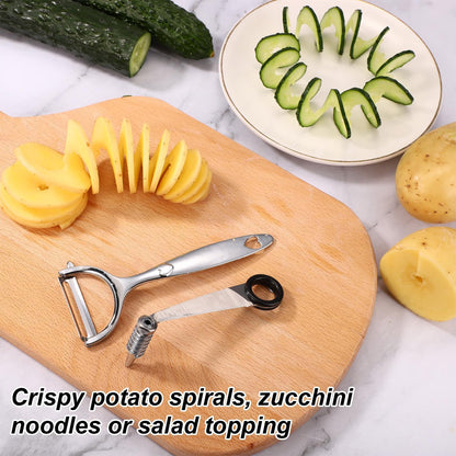 2pcs Vegetable Spiral Cutters & 1pcs V-Shaped Veggies Peeler Spiralizer Tool, Stainless Steel Manual Spiral Practical Kitchen Knife Set Accessories for Cucumber Potato Carrot Fruits (Silver)