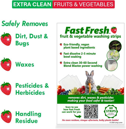 Fruit and Vegetable Wash Strips | Plant-Based, Food-Safe Produce Cleaner | Dissolvable Veggie Wash Removes Contaminants, Waxes & Dirt | All-Natural | Travel (60 Count (Pack of 1))