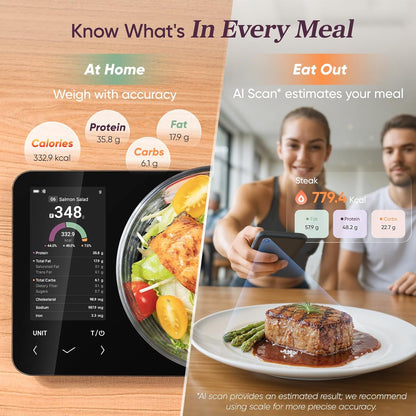 Smart Food Scale with Nutritional Calculator, USB Rechargeable, 11lb | AI Food Scan, Barcode Scan, 50 Food Preload, Free APP with 19 Nutrients, Calorie & Macro Tracking for Weight Loss