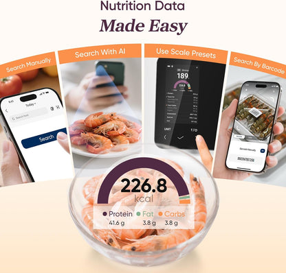 Smart Food Scale with Nutritional Calculator, USB Rechargeable, 11lb | AI Food Scan, Barcode Scan, 50 Food Preload, Free APP with 19 Nutrients, Calorie & Macro Tracking for Weight Loss