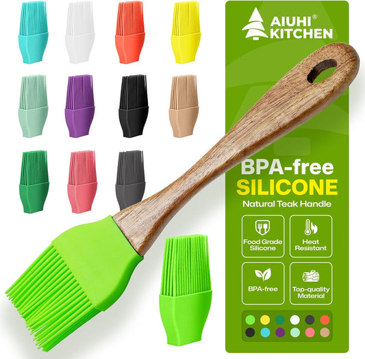 Basting Brush for Cooking, Silicone Oil Brush with Wooden Handle, Heat Resistant Pastry Brushes with 12 Color Silicone Brush Head