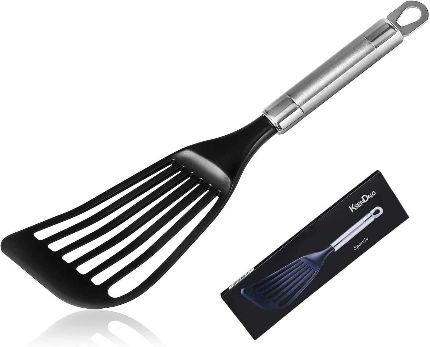 Thin Flexible Fish Spatula for Nonstick Cookware, Black | Egg Flipper Turner w/Hollow Steel Handle, Slotted Angled LFGB Complaint Nylon Blade, Dishwasher Safe, Silver Handle
