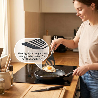 Thin Flexible Fish Spatula for Nonstick Cookware, Black | Egg Flipper Turner w/Hollow Steel Handle, Slotted Angled LFGB Complaint Nylon Blade, Dishwasher Safe, Silver Handle