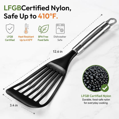 Thin Flexible Fish Spatula for Nonstick Cookware, Black | Egg Flipper Turner w/Hollow Steel Handle, Slotted Angled LFGB Complaint Nylon Blade, Dishwasher Safe, Silver Handle