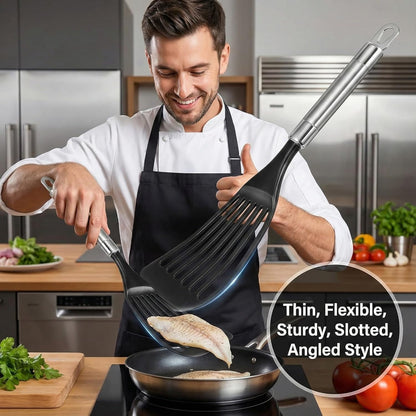 Thin Flexible Fish Spatula for Nonstick Cookware, Black | Egg Flipper Turner w/Hollow Steel Handle, Slotted Angled LFGB Complaint Nylon Blade, Dishwasher Safe, Silver Handle