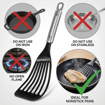 Thin Flexible Fish Spatula for Nonstick Cookware, Black | Egg Flipper Turner w/Hollow Steel Handle, Slotted Angled LFGB Complaint Nylon Blade, Dishwasher Safe, Silver Handle