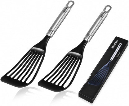 Thin Flexible Fish Spatula for Nonstick Cookware, Black | Egg Flipper Turner w/Hollow Steel Handle, Slotted Angled LFGB Complaint Nylon Blade, Dishwasher Safe, Silver Handle