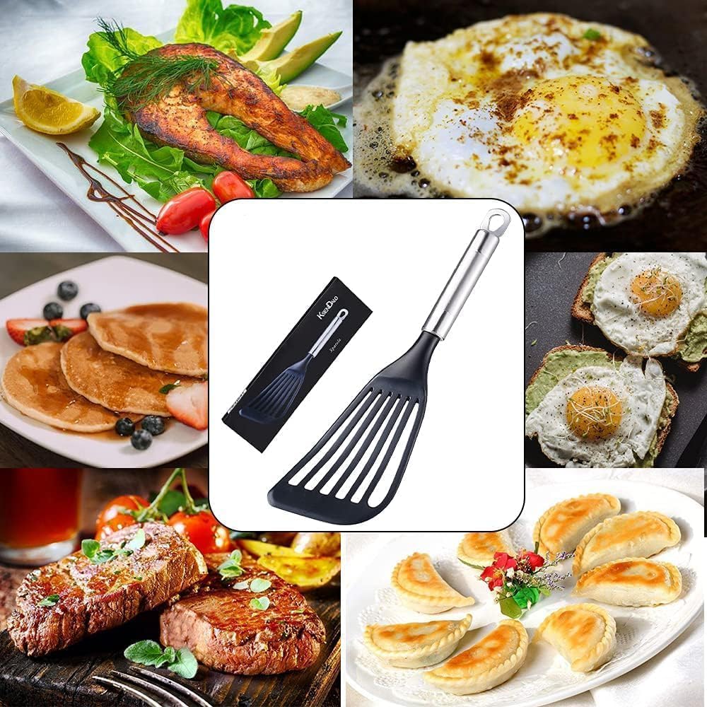Thin Flexible Fish Spatula for Nonstick Cookware, Black | Egg Flipper Turner w/Hollow Steel Handle, Slotted Angled LFGB Complaint Nylon Blade, Dishwasher Safe, Silver Handle