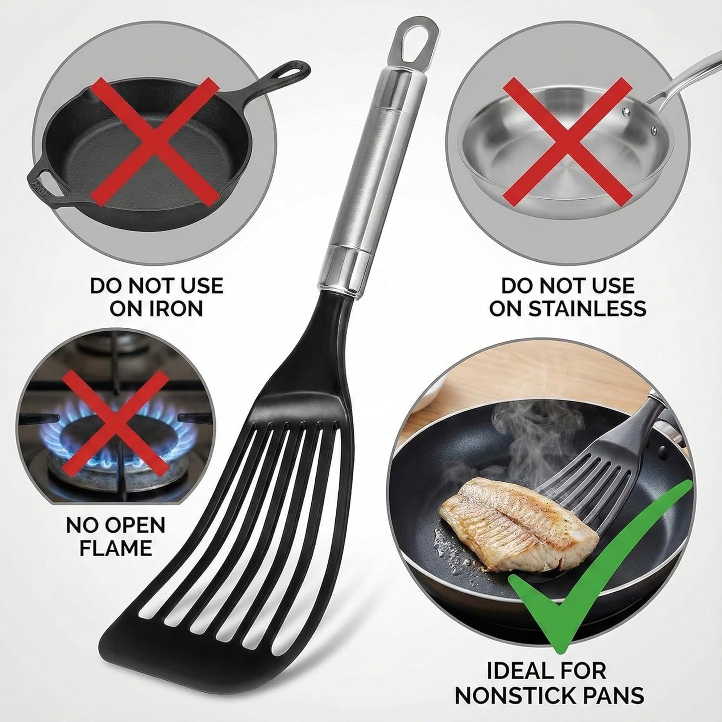 Thin Flexible Fish Spatula for Nonstick Cookware, Black | Egg Flipper Turner w/Hollow Steel Handle, Slotted Angled LFGB Complaint Nylon Blade, Dishwasher Safe, Silver Handle