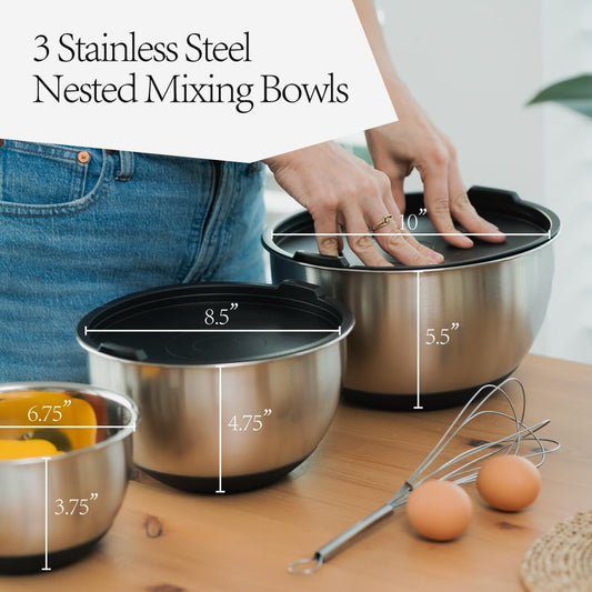 Stainless Steel Mixing Bowls with Lids Set (3-Piece) - Nesting Bowls for Cooking, Baking, Salads & Serving - 1.5 QT, 3 QT & 5 QT - Modern Kitchen Essentials by Samma
