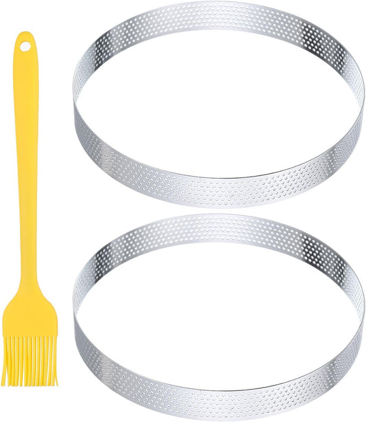 2pcs Perforated Cake Rings 5.9 Inch Stainless Steel Round Cake Mousse Ring Molds with Brush for Baking Cake Dessert Pastry Making, Silver Tone