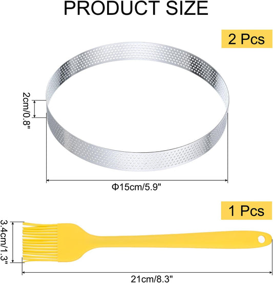 2pcs Perforated Cake Rings 5.9 Inch Stainless Steel Round Cake Mousse Ring Molds with Brush for Baking Cake Dessert Pastry Making, Silver Tone