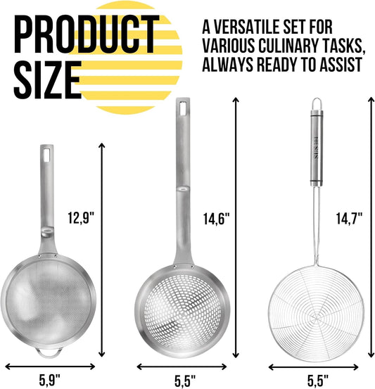 Spider Strainer Set of 3pcs - Stainless Steel Frying Spoons for Cooking Skimmer Ladle for Oil Fryer Pasta and Fat Durable Strainer Scoop Kitchen Utensil for Frying and Draining