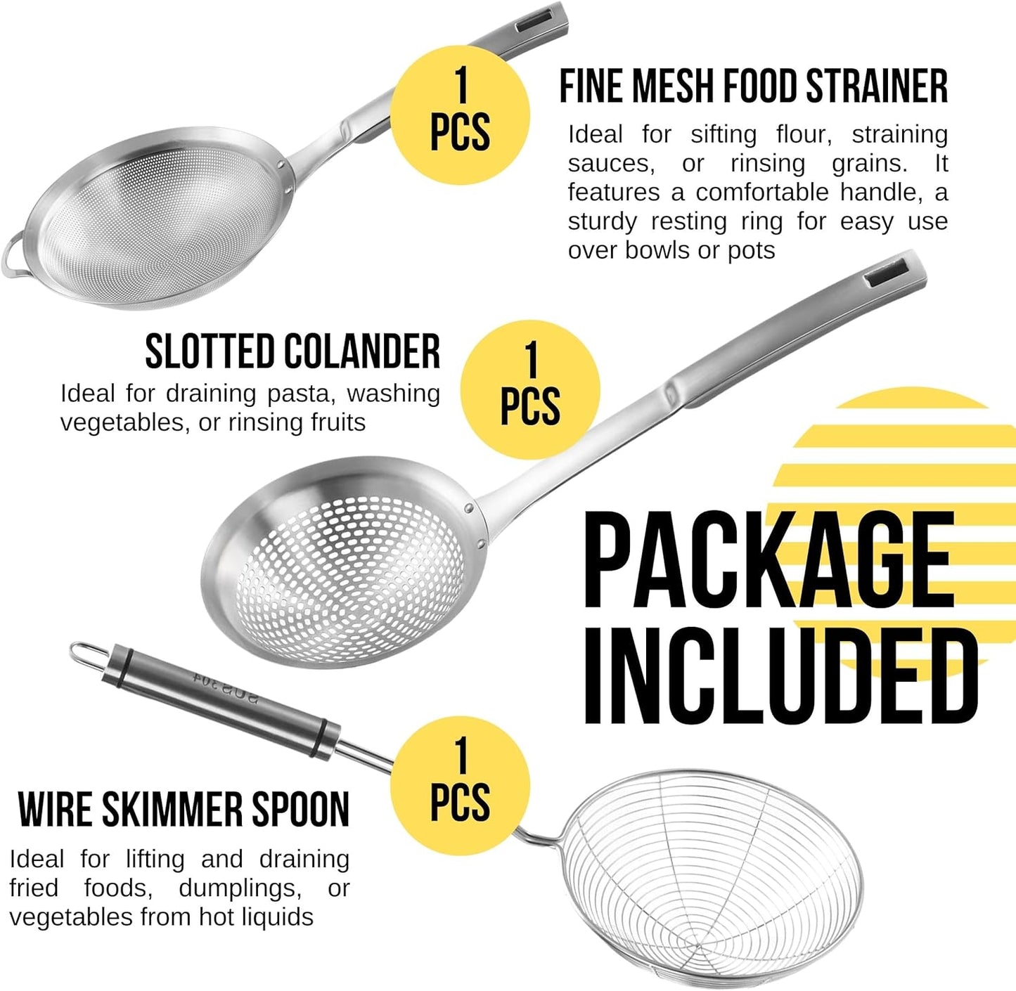 Spider Strainer Set of 3pcs - Stainless Steel Frying Spoons for Cooking Skimmer Ladle for Oil Fryer Pasta and Fat Durable Strainer Scoop Kitchen Utensil for Frying and Draining