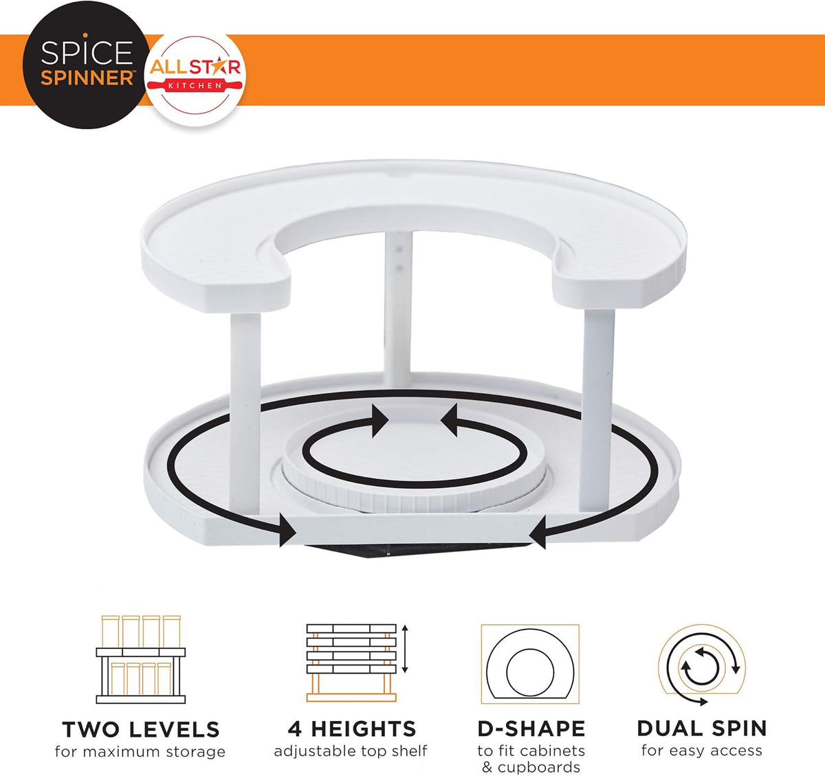 Spice Spinner Two-Tiered Spice Organizer & Holder That Saves Space, Keeps Everything Neat, Organized & Within Reach With Dual Spin Turntables