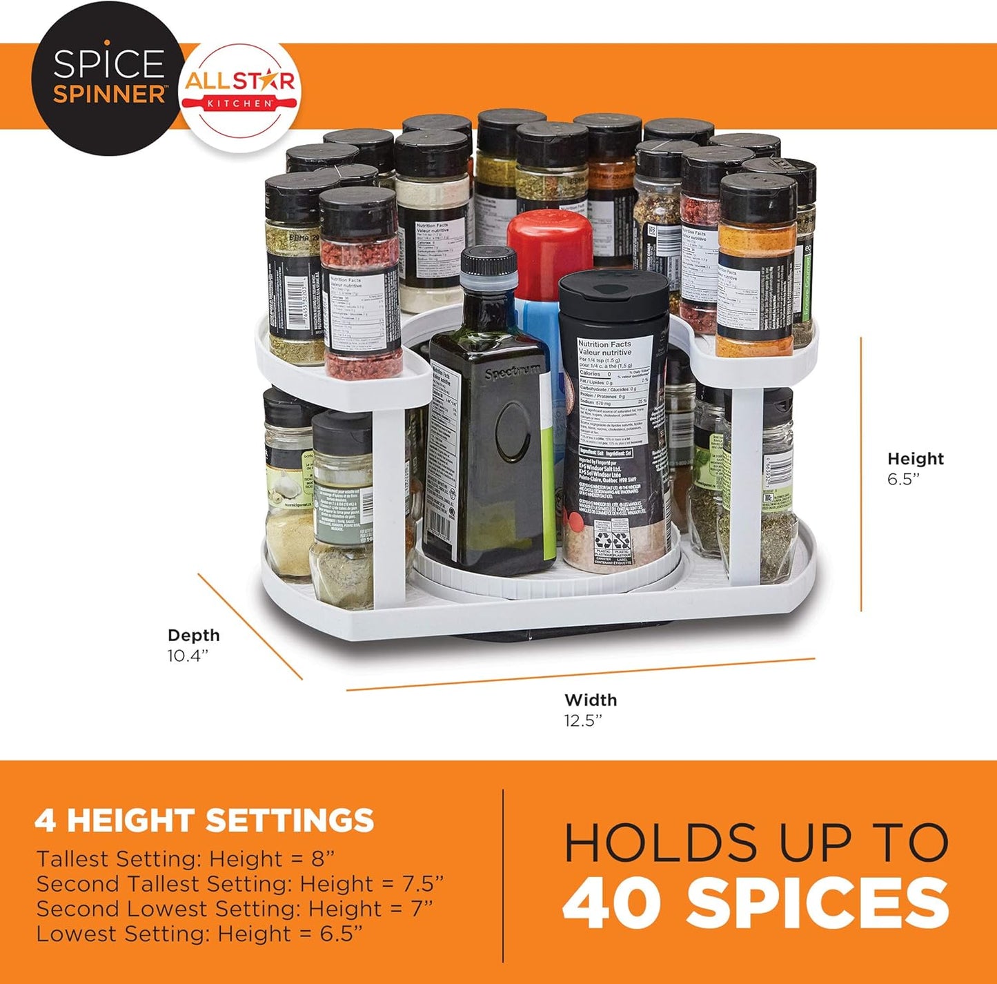 Spice Spinner Two-Tiered Spice Organizer & Holder That Saves Space, Keeps Everything Neat, Organized & Within Reach With Dual Spin Turntables