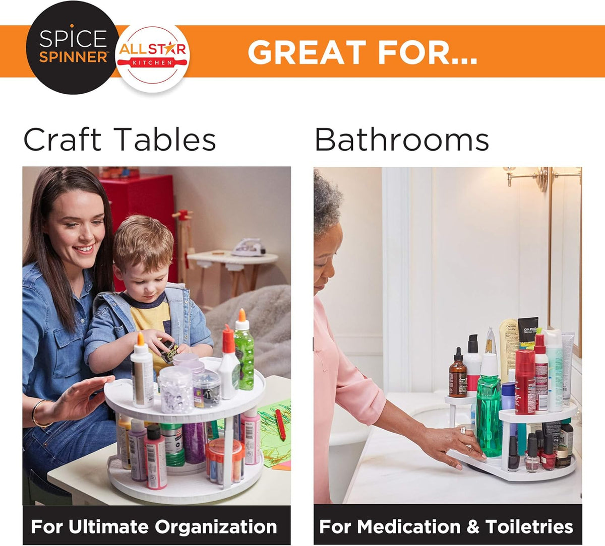 Spice Spinner Two-Tiered Spice Organizer & Holder That Saves Space, Keeps Everything Neat, Organized & Within Reach With Dual Spin Turntables