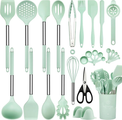 Silicone Kitchen Utensils Set with Stainless Steel Handles