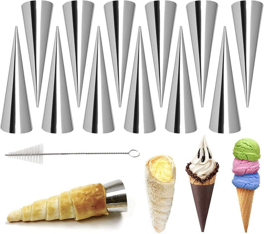 Non-stick Cream Cannoli Tubes, 12 Pcs Stainless Steel Baking Cones Pastry Roll Horn Croissant Mold Cannoli Shells with 1 Clean Brush - Pastry Baking Set for Christmas Cake Anniversary Party