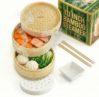 Bamboo Steamer Basket - Cook Delicious Meals with Authentic Flavor at Home | 10 Inch, 2 Tiers + 50 Liners, Chopsticks and Sauce Dish - Steam Family Portions of Bao, Dumplings and Vegetables at Once