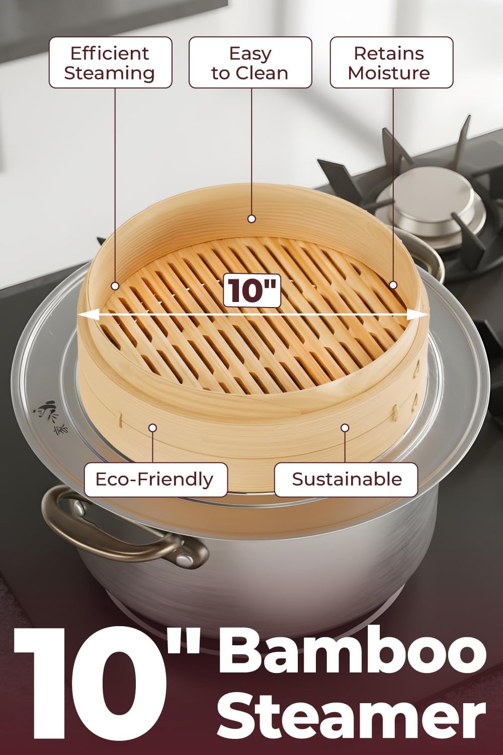 Bamboo Steamer Basket - Cook Delicious Meals with Authentic Flavor at Home | 10 Inch, 2 Tiers + 50 Liners, Chopsticks and Sauce Dish - Steam Family Portions of Bao, Dumplings and Vegetables at Once