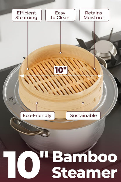 Bamboo Steamer Basket - Cook Delicious Meals with Authentic Flavor at Home | 10 Inch, 2 Tiers + 50 Liners, Chopsticks and Sauce Dish - Steam Family Portions of Bao, Dumplings and Vegetables at Once