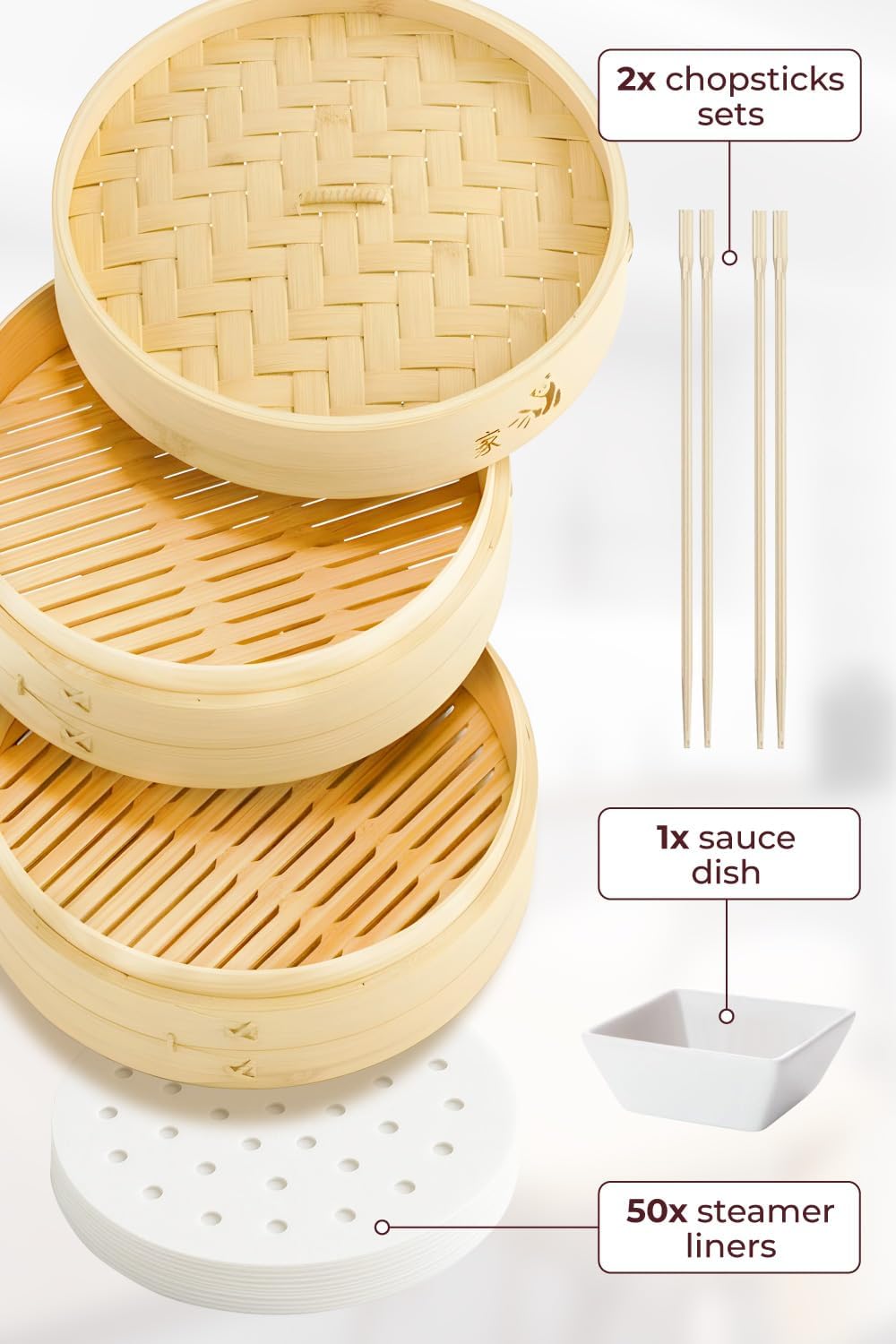 Bamboo Steamer Basket - Cook Delicious Meals with Authentic Flavor at Home | 10 Inch, 2 Tiers + 50 Liners, Chopsticks and Sauce Dish - Steam Family Portions of Bao, Dumplings and Vegetables at Once