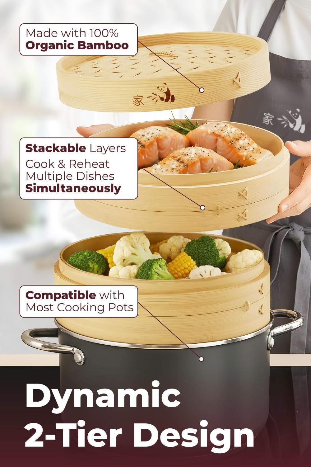 Bamboo Steamer Basket - Cook Delicious Meals with Authentic Flavor at Home | 10 Inch, 2 Tiers + 50 Liners, Chopsticks and Sauce Dish - Steam Family Portions of Bao, Dumplings and Vegetables at Once