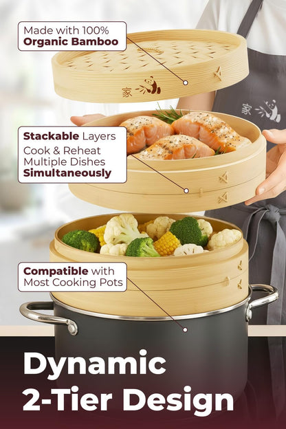 Bamboo Steamer Basket - Cook Delicious Meals with Authentic Flavor at Home | 10 Inch, 2 Tiers + 50 Liners, Chopsticks and Sauce Dish - Steam Family Portions of Bao, Dumplings and Vegetables at Once