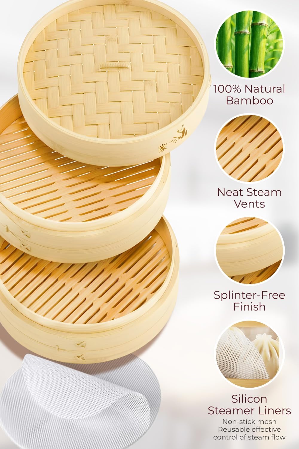 Bamboo Steamer Basket - Cook Delicious Meals with Authentic Flavor at Home | 10 Inch, 2 Tiers + 50 Liners, Chopsticks and Sauce Dish - Steam Family Portions of Bao, Dumplings and Vegetables at Once