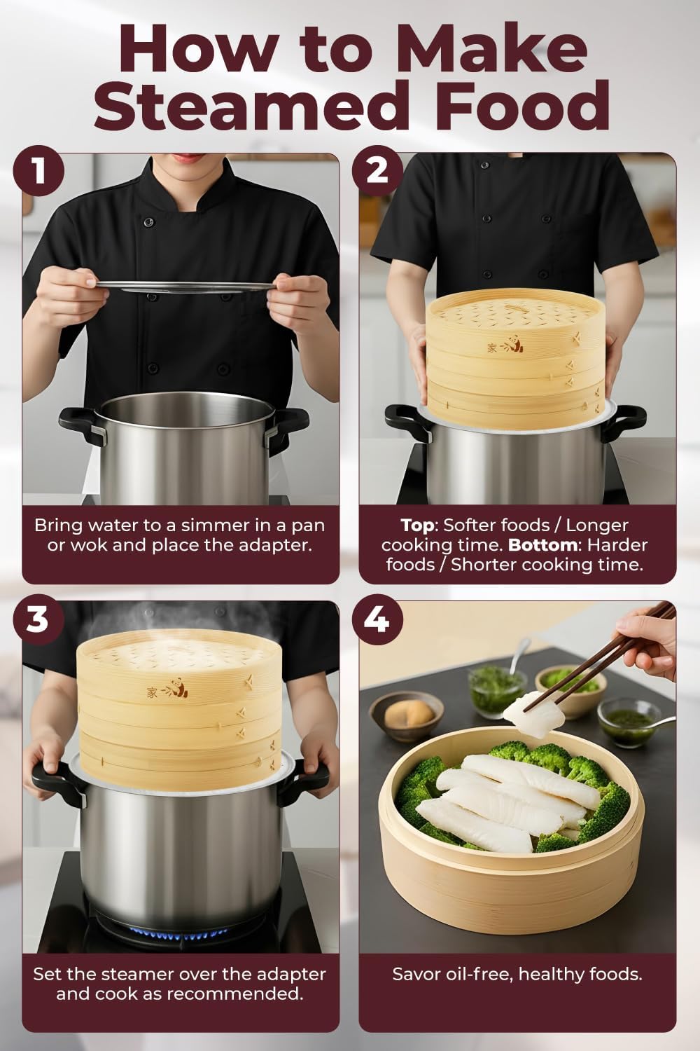 Bamboo Steamer Basket - Cook Delicious Meals with Authentic Flavor at Home | 10 Inch, 2 Tiers + 50 Liners, Chopsticks and Sauce Dish - Steam Family Portions of Bao, Dumplings and Vegetables at Once