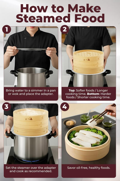 Bamboo Steamer Basket - Cook Delicious Meals with Authentic Flavor at Home | 10 Inch, 2 Tiers + 50 Liners, Chopsticks and Sauce Dish - Steam Family Portions of Bao, Dumplings and Vegetables at Once