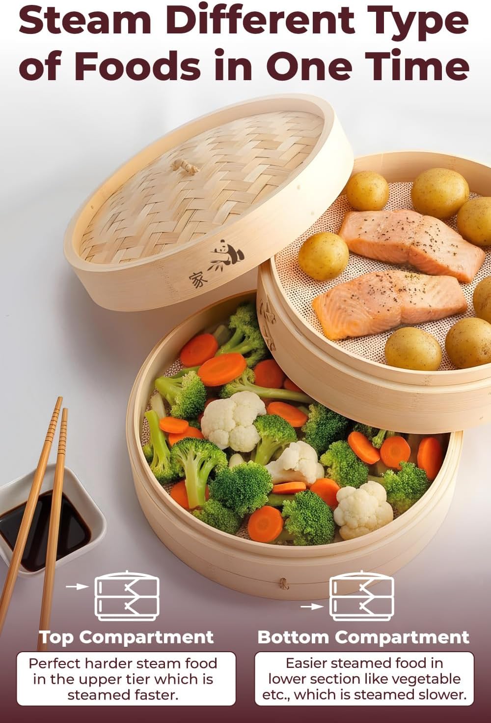 Bamboo Steamer Basket - Cook Delicious Meals with Authentic Flavor at Home | 10 Inch, 2 Tiers + 50 Liners, Chopsticks and Sauce Dish - Steam Family Portions of Bao, Dumplings and Vegetables at Once