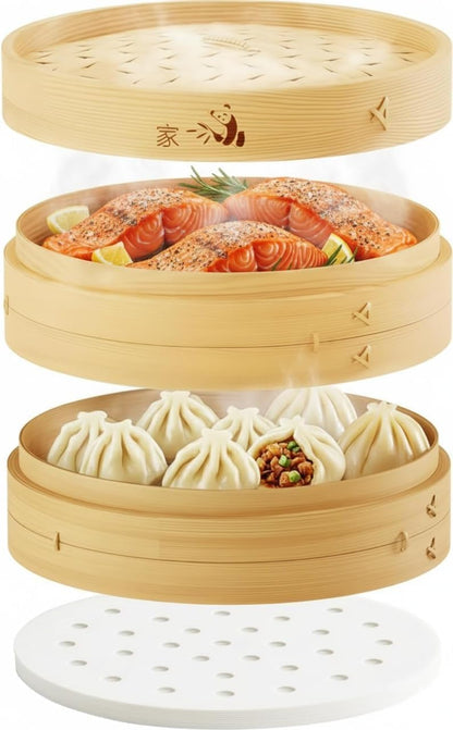Bamboo Steamer Basket - Cook Delicious Meals with Authentic Flavor at Home | 10 Inch, 2 Tiers + 50 Liners, Chopsticks and Sauce Dish - Steam Family Portions of Bao, Dumplings and Vegetables at Once