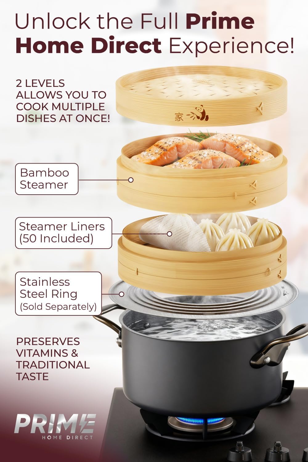 Bamboo Steamer Basket - Cook Delicious Meals with Authentic Flavor at Home | 10 Inch, 2 Tiers + 50 Liners, Chopsticks and Sauce Dish - Steam Family Portions of Bao, Dumplings and Vegetables at Once