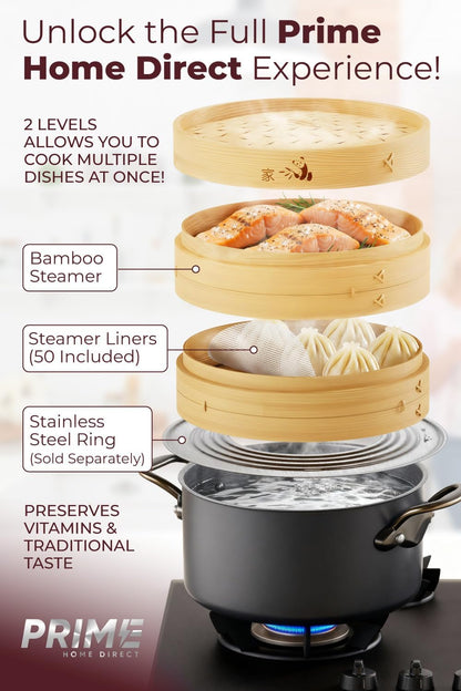 Bamboo Steamer Basket - Cook Delicious Meals with Authentic Flavor at Home | 10 Inch, 2 Tiers + 50 Liners, Chopsticks and Sauce Dish - Steam Family Portions of Bao, Dumplings and Vegetables at Once