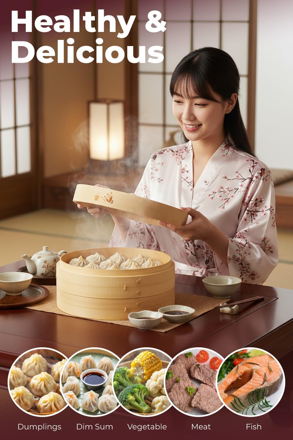 Bamboo Steamer Basket - Cook Delicious Meals with Authentic Flavor at Home | 10 Inch, 2 Tiers + 50 Liners, Chopsticks and Sauce Dish - Steam Family Portions of Bao, Dumplings and Vegetables at Once