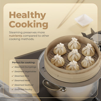 Bamboo Steamer Basket - Cook Delicious Meals with Authentic Flavor at Home | 10 Inch, 2 Tiers + 50 Liners, Chopsticks and Sauce Dish - Steam Family Portions of Bao, Dumplings and Vegetables at Once