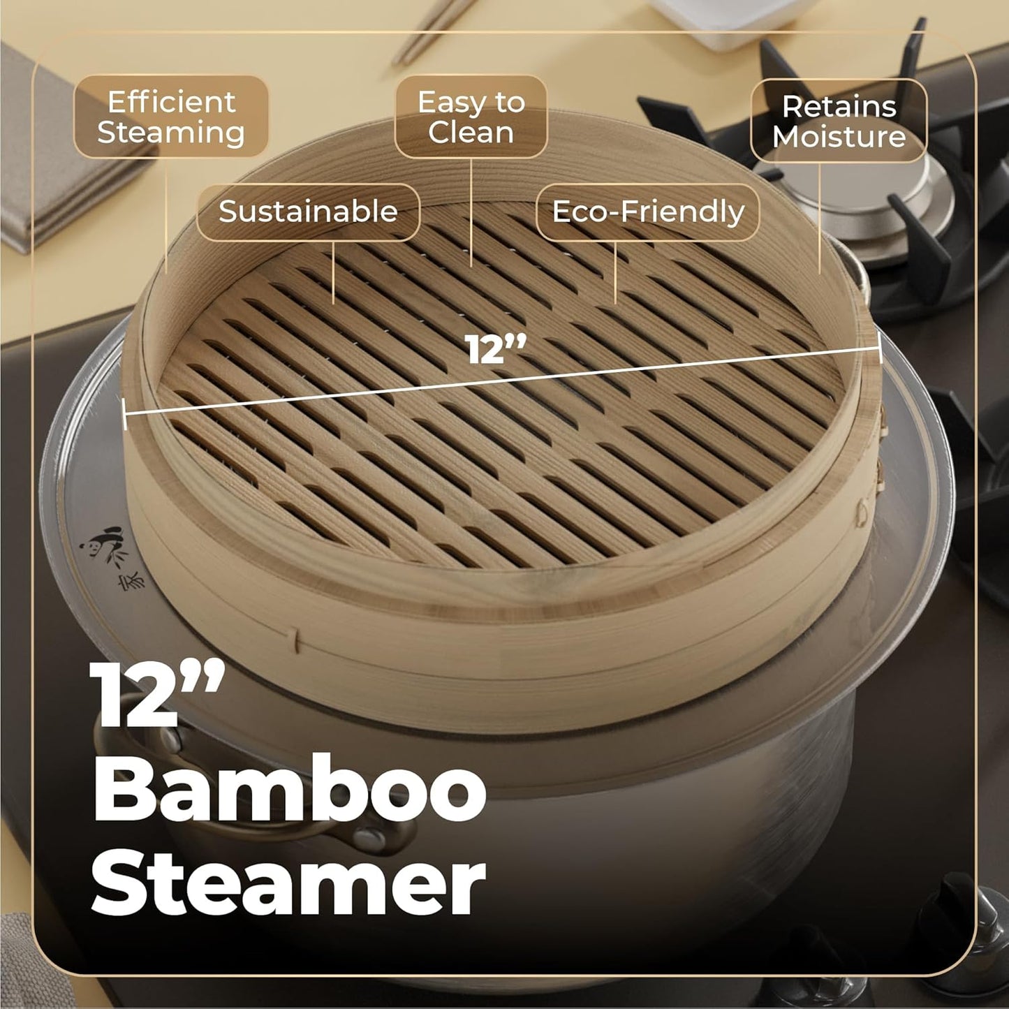 Bamboo Steamer Basket - Cook Delicious Meals with Authentic Flavor at Home | 10 Inch, 2 Tiers + 50 Liners, Chopsticks and Sauce Dish - Steam Family Portions of Bao, Dumplings and Vegetables at Once