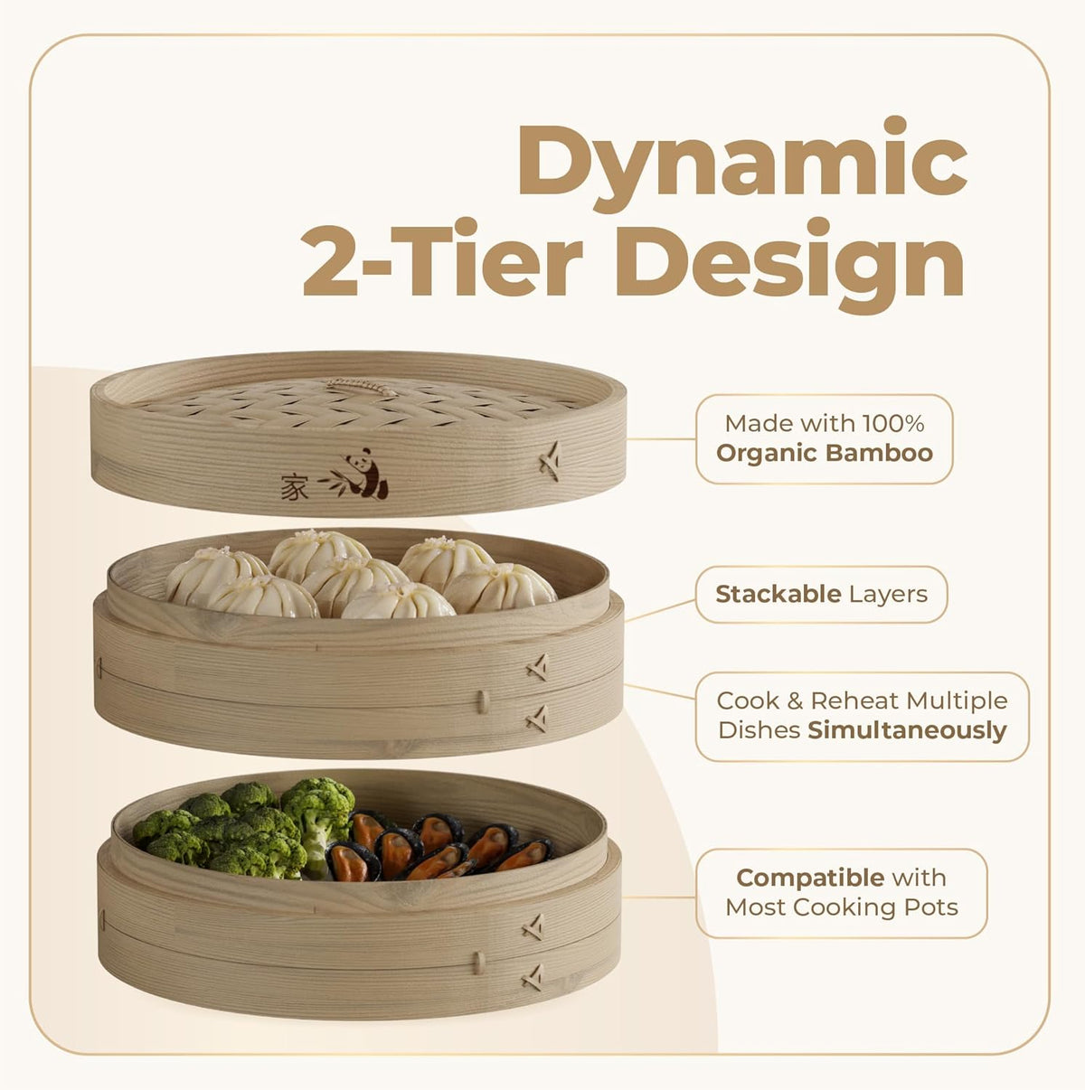 Bamboo Steamer Basket - Cook Delicious Meals with Authentic Flavor at Home | 10 Inch, 2 Tiers + 50 Liners, Chopsticks and Sauce Dish - Steam Family Portions of Bao, Dumplings and Vegetables at Once