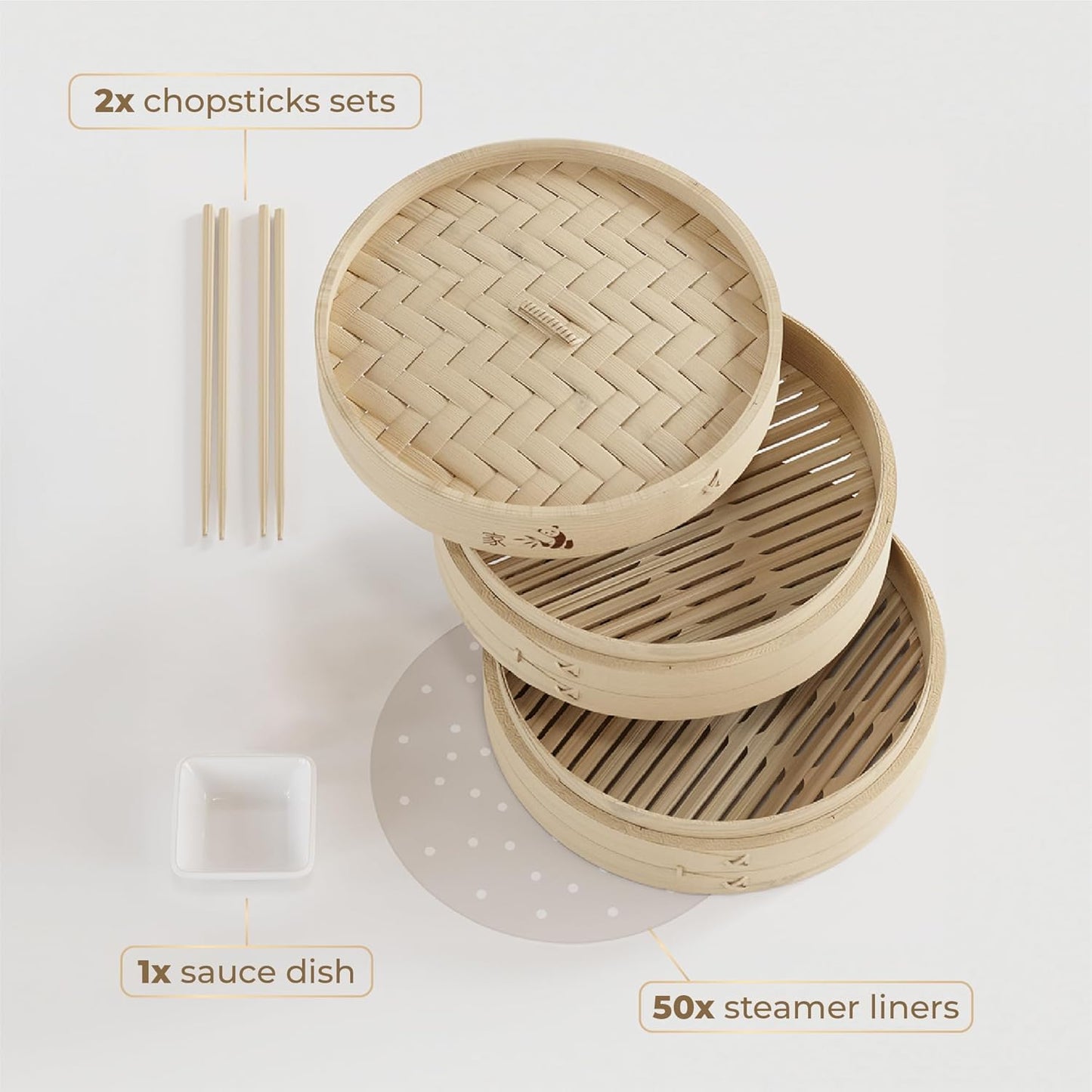 Bamboo Steamer Basket - Cook Delicious Meals with Authentic Flavor at Home | 10 Inch, 2 Tiers + 50 Liners, Chopsticks and Sauce Dish - Steam Family Portions of Bao, Dumplings and Vegetables at Once
