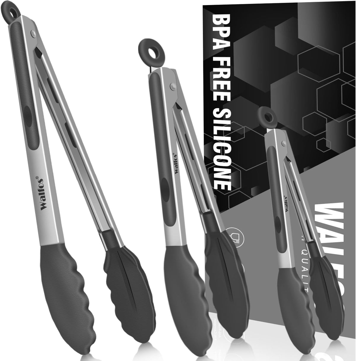 600 Degree Heat Resistant Silicone Tongs for Cooking - Kitchen Tongs With Silicone Tips set of 3 size Food Looking Tongs (7" 9" and 12 inch Dark Grey)