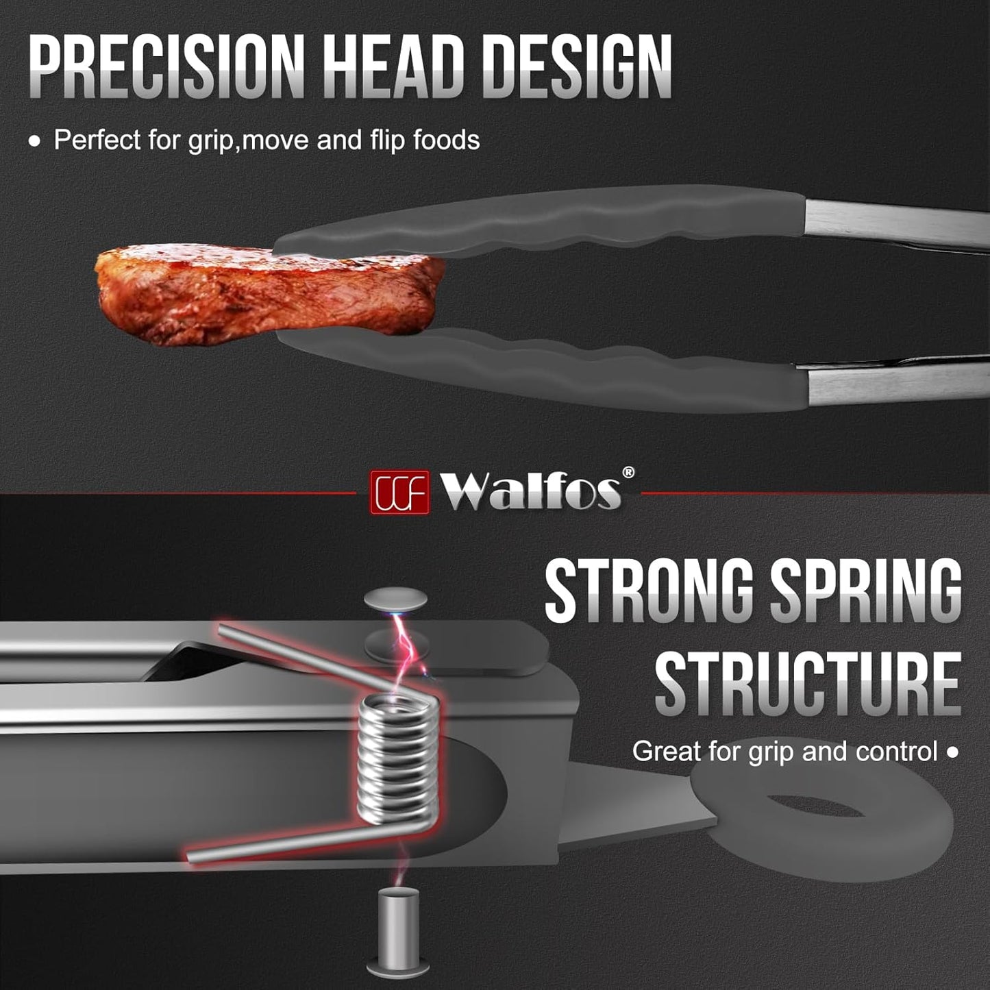 600 Degree Heat Resistant Silicone Tongs for Cooking - Kitchen Tongs With Silicone Tips set of 3 size Food Looking Tongs (7" 9" and 12 inch Dark Grey)