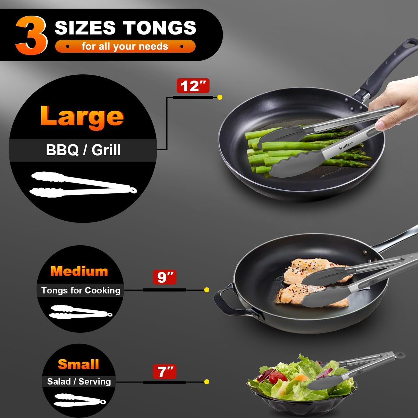 600 Degree Heat Resistant Silicone Tongs for Cooking - Kitchen Tongs With Silicone Tips set of 3 size Food Looking Tongs (7" 9" and 12 inch Dark Grey)