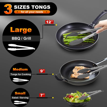 600 Degree Heat Resistant Silicone Tongs for Cooking - Kitchen Tongs With Silicone Tips set of 3 size Food Looking Tongs (7" 9" and 12 inch Dark Grey)